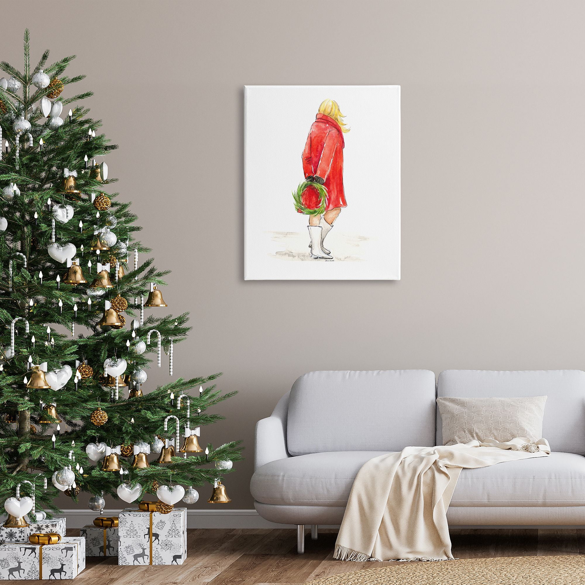 Stupell Indtries Glam Fashion Red Jacket Christmas Woman with Wreath,30 x 40,Design by Lanie Loreth