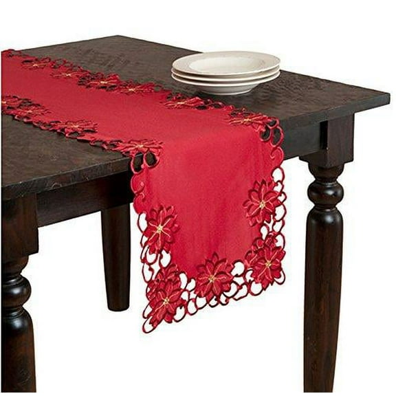 Fennco Styles Holiday Christmas Embroidered and Cutwork Red Table Runner. 16"x72" Rectangular. One Piece