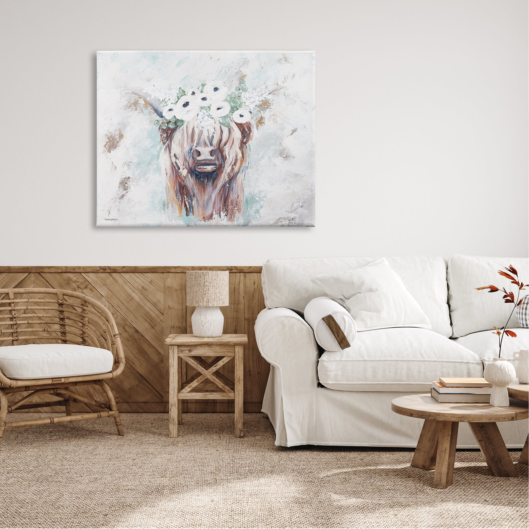 Stupell Industries Rustic Country Longhorn Cattle Flecked Flower Blossoms Canvas Wall Art, 48 x 36, Design by Mackenzie Kissell