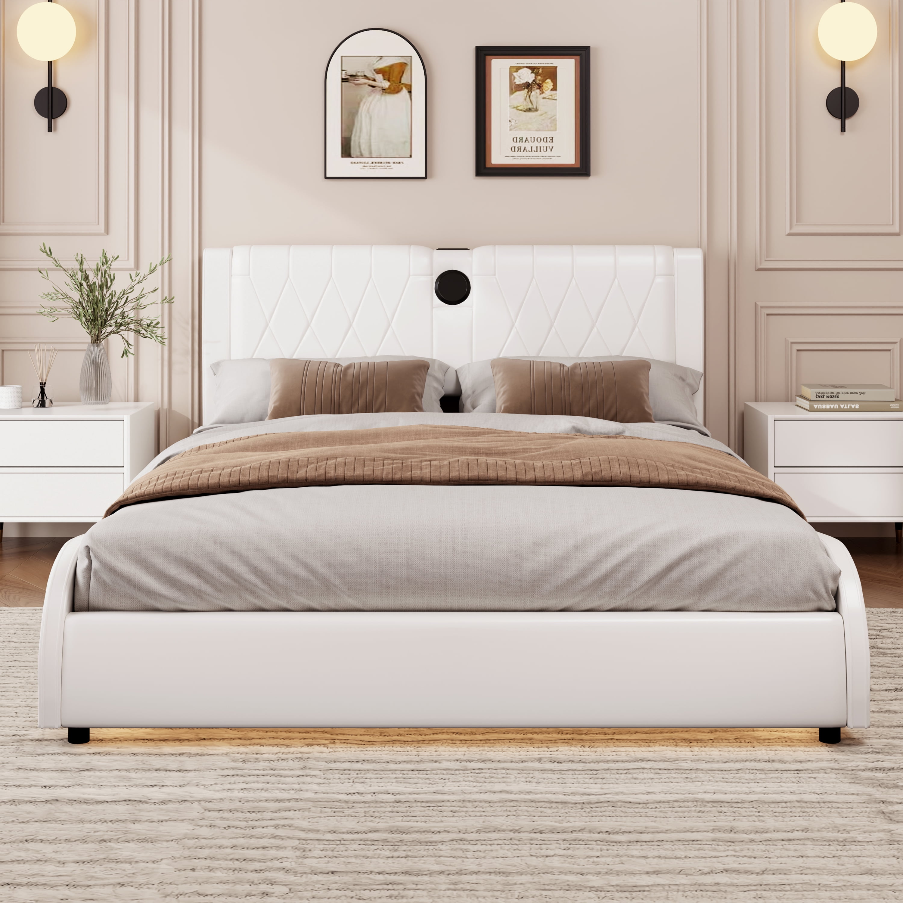 Euroco Faux Leather Upholstered Queen Size Platform Bed with Bluetooth Speakers and RGB LED Light, White