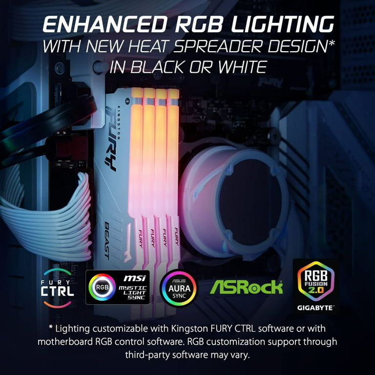 Kingston FURY Beast RGB - DDR5 - kit - 64 GB - DIMM 288-pin - 6000 MHz / PC5-48000 - CL40 - 1.35 V - unbuffered - on-die ECC - white Kingston FURY Beast RGB - DDR5 - kit - 64 GB - DIMM 288-pin - 6000 MHz / PC5-48000 - CL40 - 1.35 V - unbuffered - on-die ECC - white