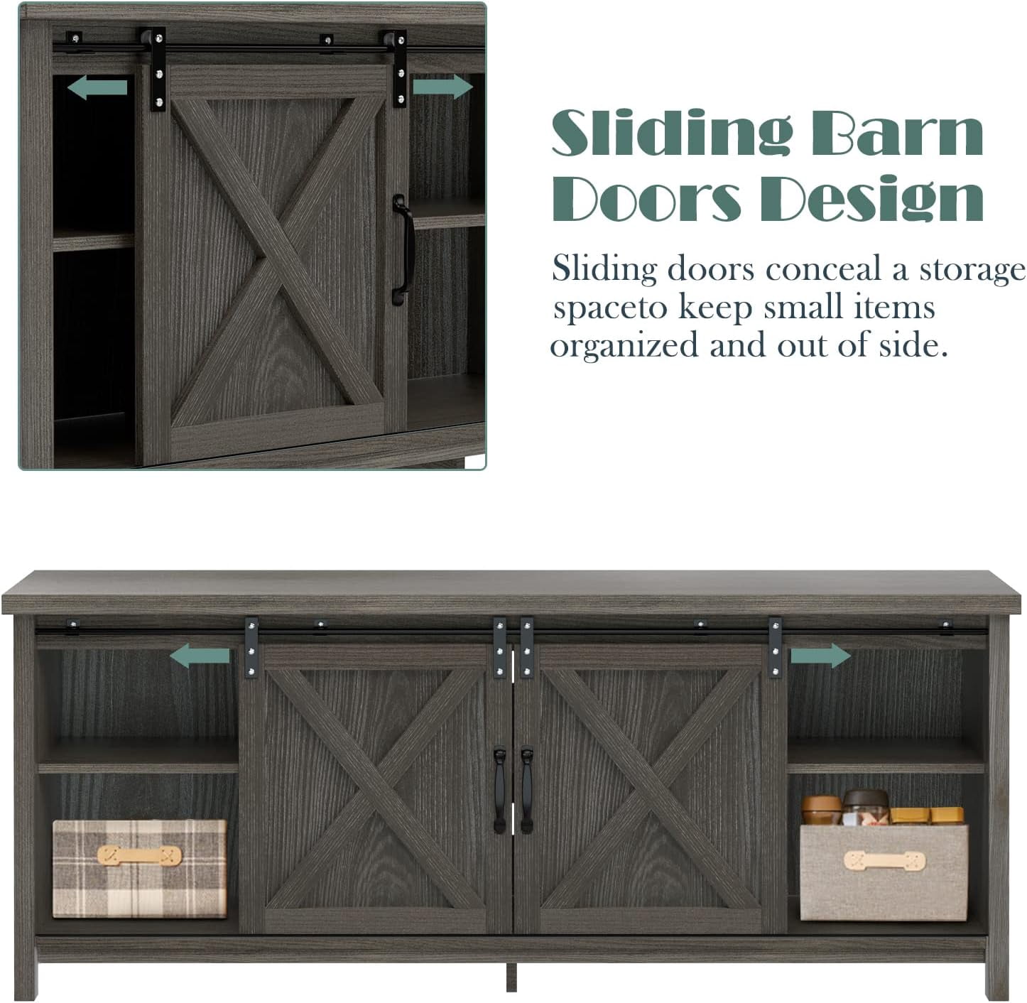 Reliancer Farmhouse TV Stand for TVs up to 65”, with Sliding Barn Doors, Dark Grey