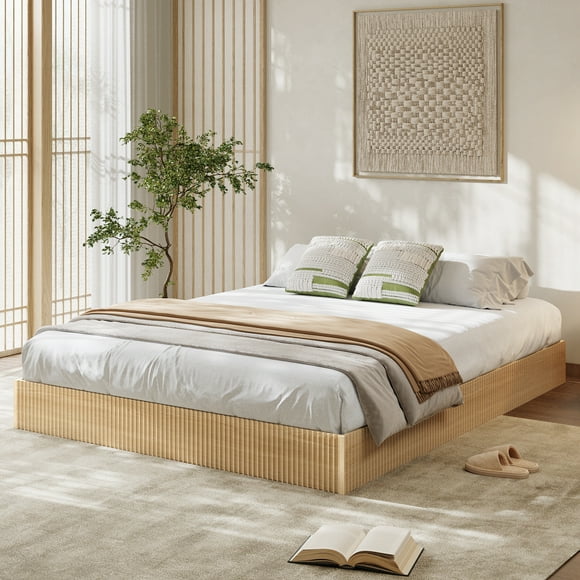 QinaQin Wooden Platform Bed Frame with Grooved Design, Low and Simple Design, Quiet, Easy To Assemble, No Spring Mattress Required