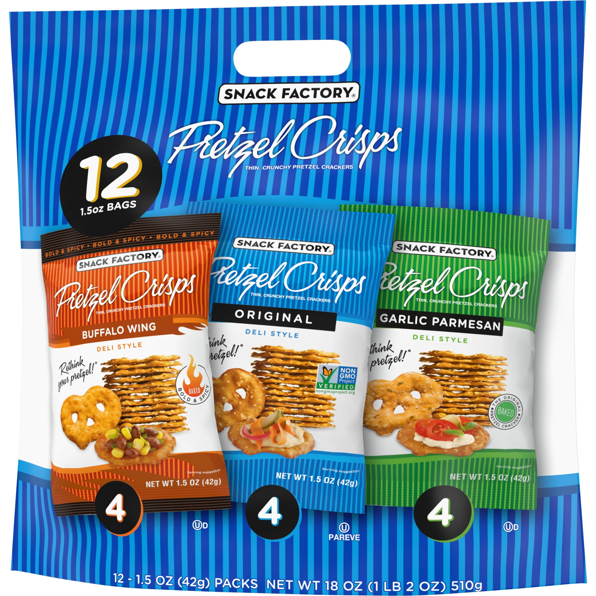 Snack Factory Pretzel Crisps Variety Pack, 1.5 oz Snack Packs, 12 Ct