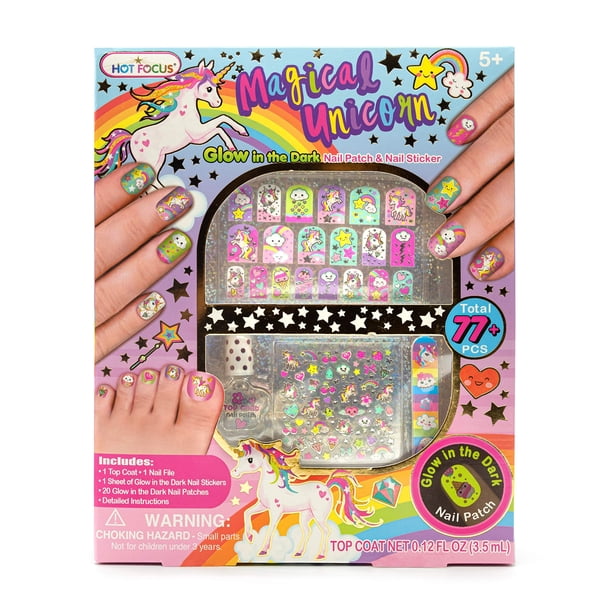 Hot Focus Unicorn Nail Kit - Juego de esmaltes de uñas para niños para niñas de 5, 6, 7 a 12 años con más de 77 piezas de kit de spa, juego de decoración de uñas, pegatinas que brillan en la oscuridad