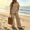 thumbnail image 3 of Two Piece Lounge Sets for Women Fashion Buttons Side Slit Solid Color Round Neck Short Sleeve Tops Elastic Waist Pants Sets Lounge Sets Wide Leg Pants Sets with Pockets, 3 of 7