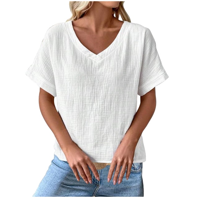 Camisas de Manga Corta para las Mujeres Casual, Botón de Cuello en V de la Moda de Verano, Top Suelto/Camisa Casual
