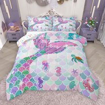Manfei Ocean Mermaid Child Bedding Comforter Set, Glitter Fish Scale Twin Comforter Sets, Kawaii Marine Sealife Reversible Bedding Set, Luxury Bedroom Decor, 2 Pieces