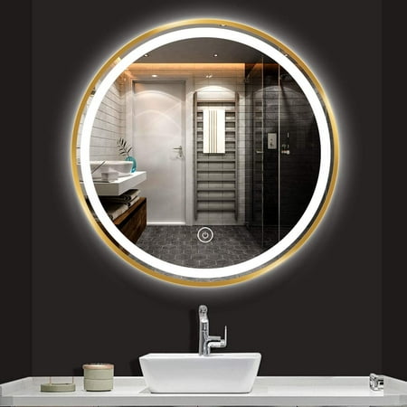 

24 Inch Round LED Defogger Bathroom Mirror Golden Frame Vanity Mirror with Touch Sensor White/Warm White Light