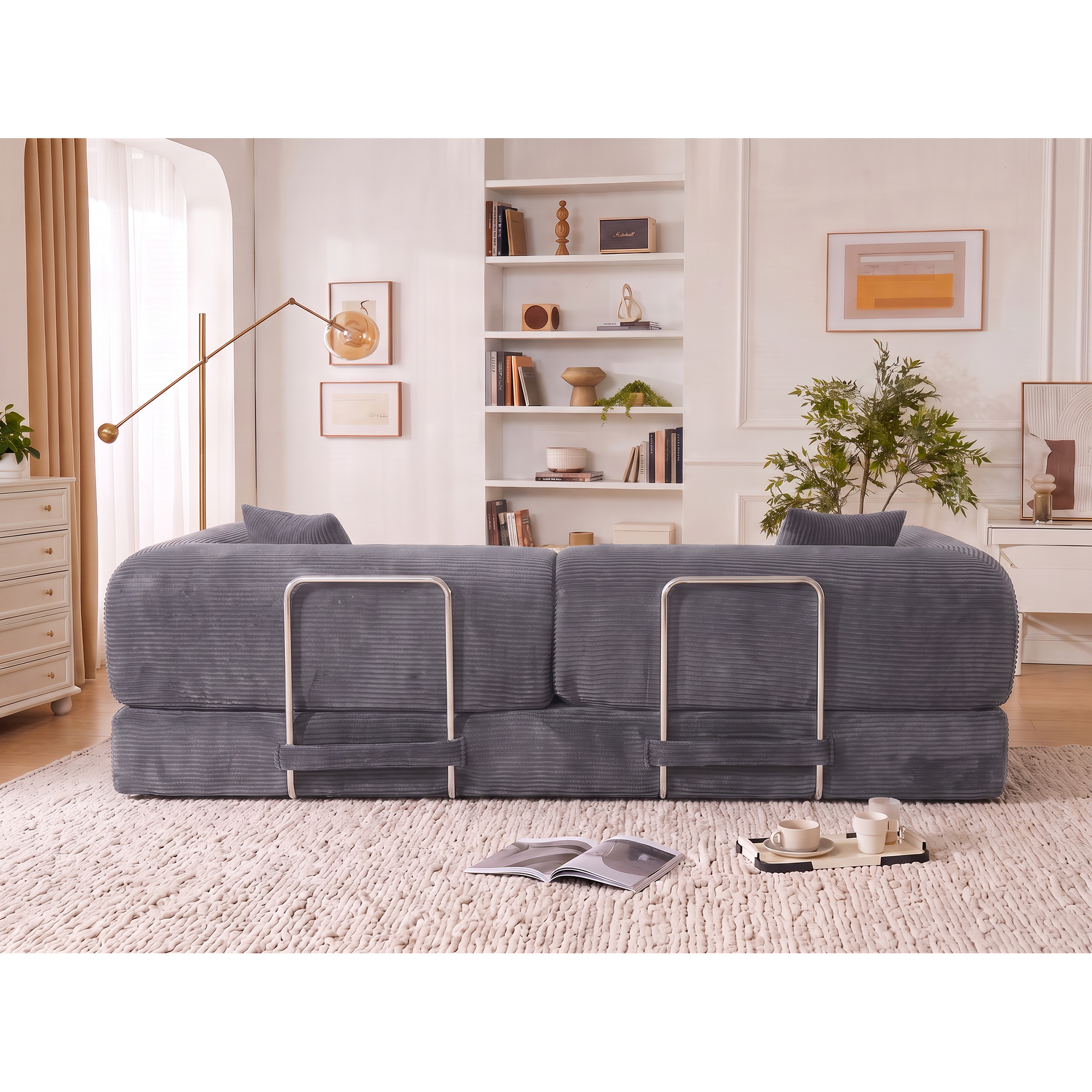 HOQBN Convertible Sofa Bed, Corduroy Fold Out Futon Sleeper Mattress with Pillows, Boneless Folding Floor Couch for Living Room Bedroom Gray