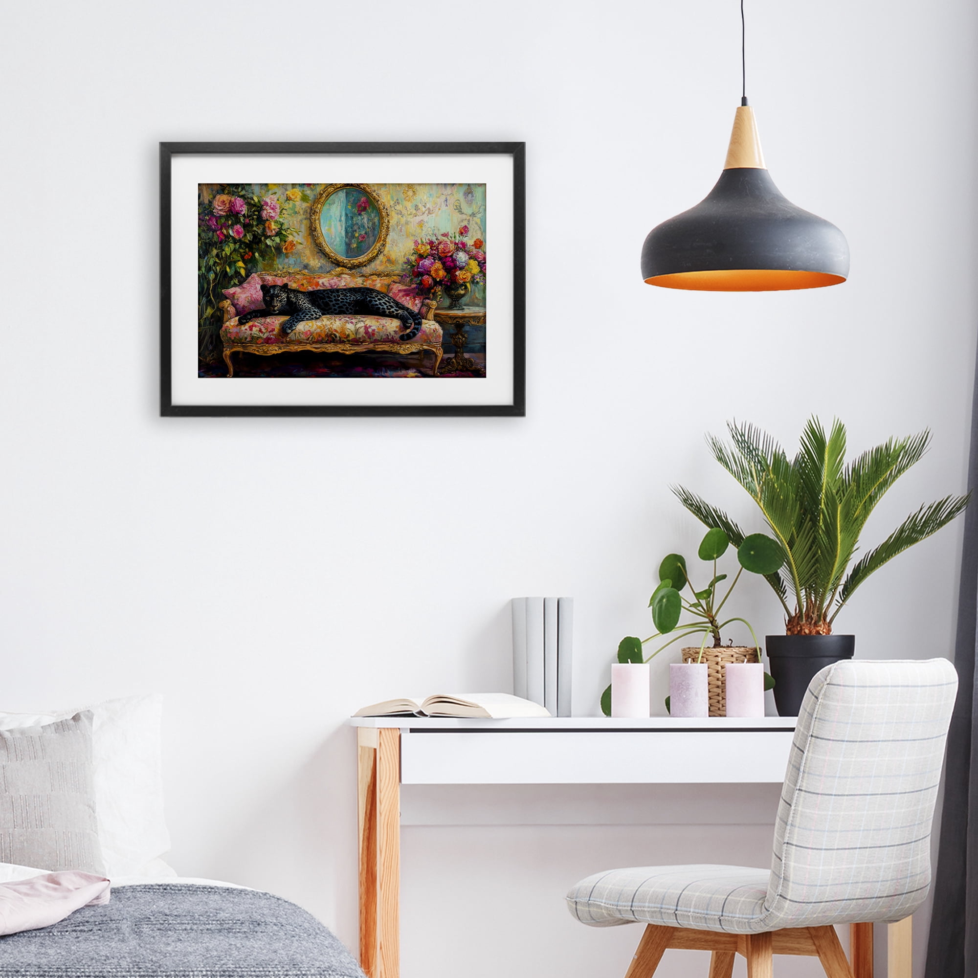 Stupell Industries Lounging Leopard on Floral Sofa Black Framed Print Under Glass, design by Petal Prints Design