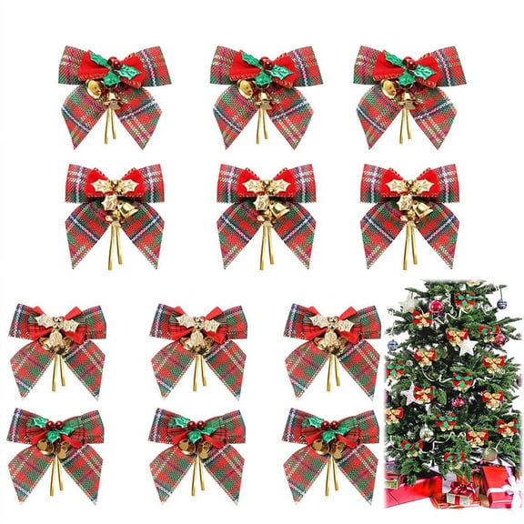 NOGIS 12 Pack Christmas Red Green Plaid Tree Bows, Christmas Bows for Present Christmas Tiny Bows with Bells Ornament Craft Present Bow Christmas Tree Wreaths Hanging Decor