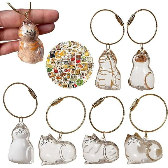 6PCS Cat Hair Keychain with 100PCS Cat Stickers,Memorial Gifts Storage Bottle for for Collecting Pet Hair