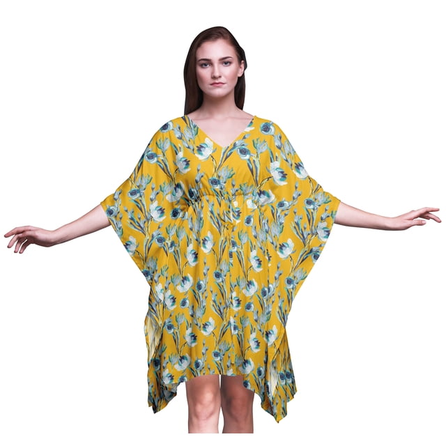 Bimba Kaftan de Plage à Fleurs, Paréo de Bikini, Robe Midi pour Femmes, Caftan Court - P-L
