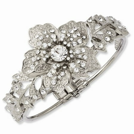 Crystal Hinge - 7in Silver-tone Clear Crystals Hinged Flower Bangle