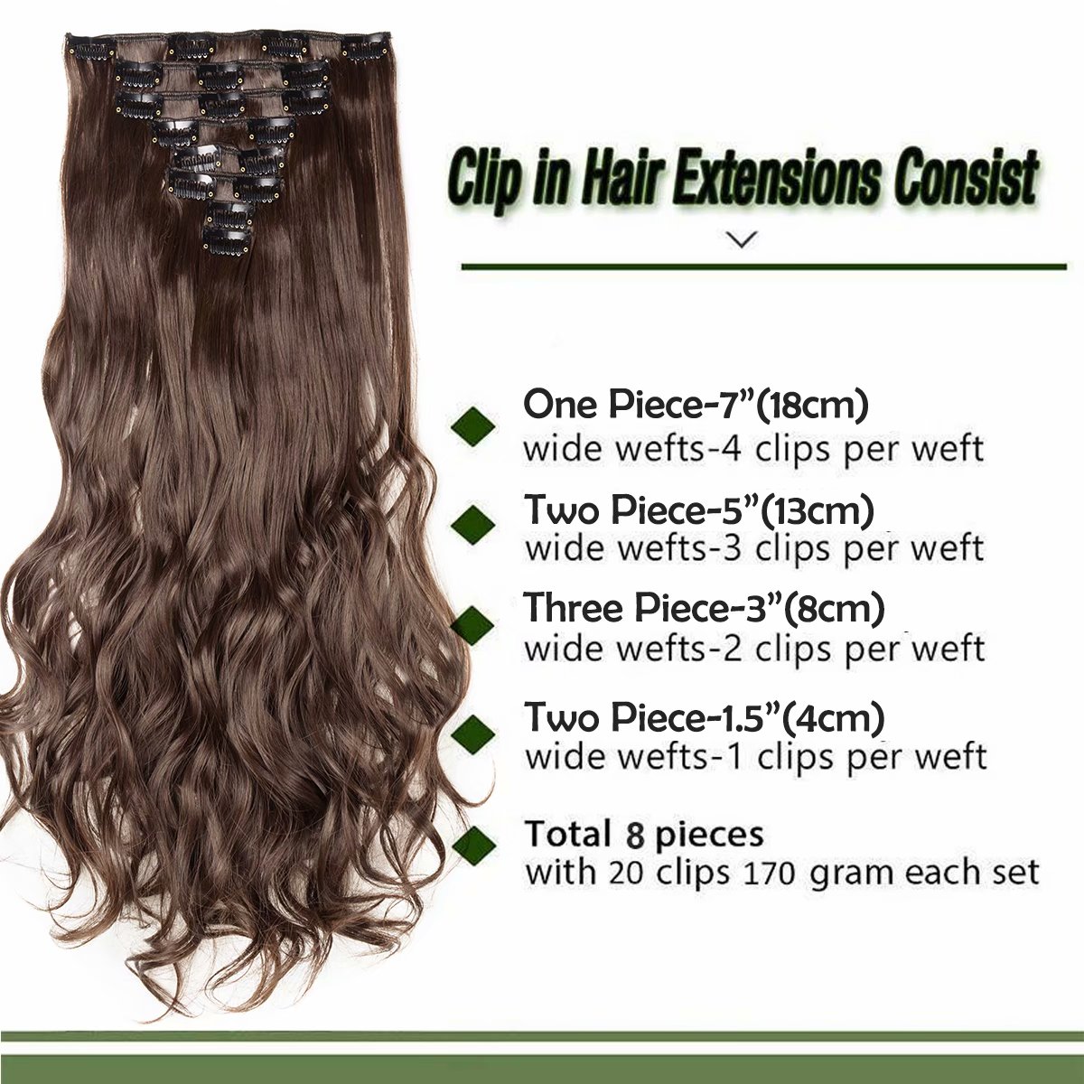 Benehair Clip in Hair Extensions Full Head Long Thick 8 Pieces Hair 18 Clips Curly Wavy Straight Hairpieces 100% Real Natural as Human Best Hair Set 17'' Curly Medium Brown - image 4 of 11