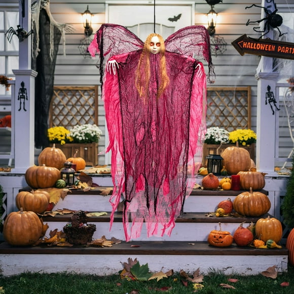 YIMWNYI Halloween Witch Hanging Ghosts Voice-Activated Glowing Decorations Red-Clothed Halloween Decor Terrifying Ambiance Ornament Easy-to-Hang Indoor Outdoor Holiday Hanging Decor
