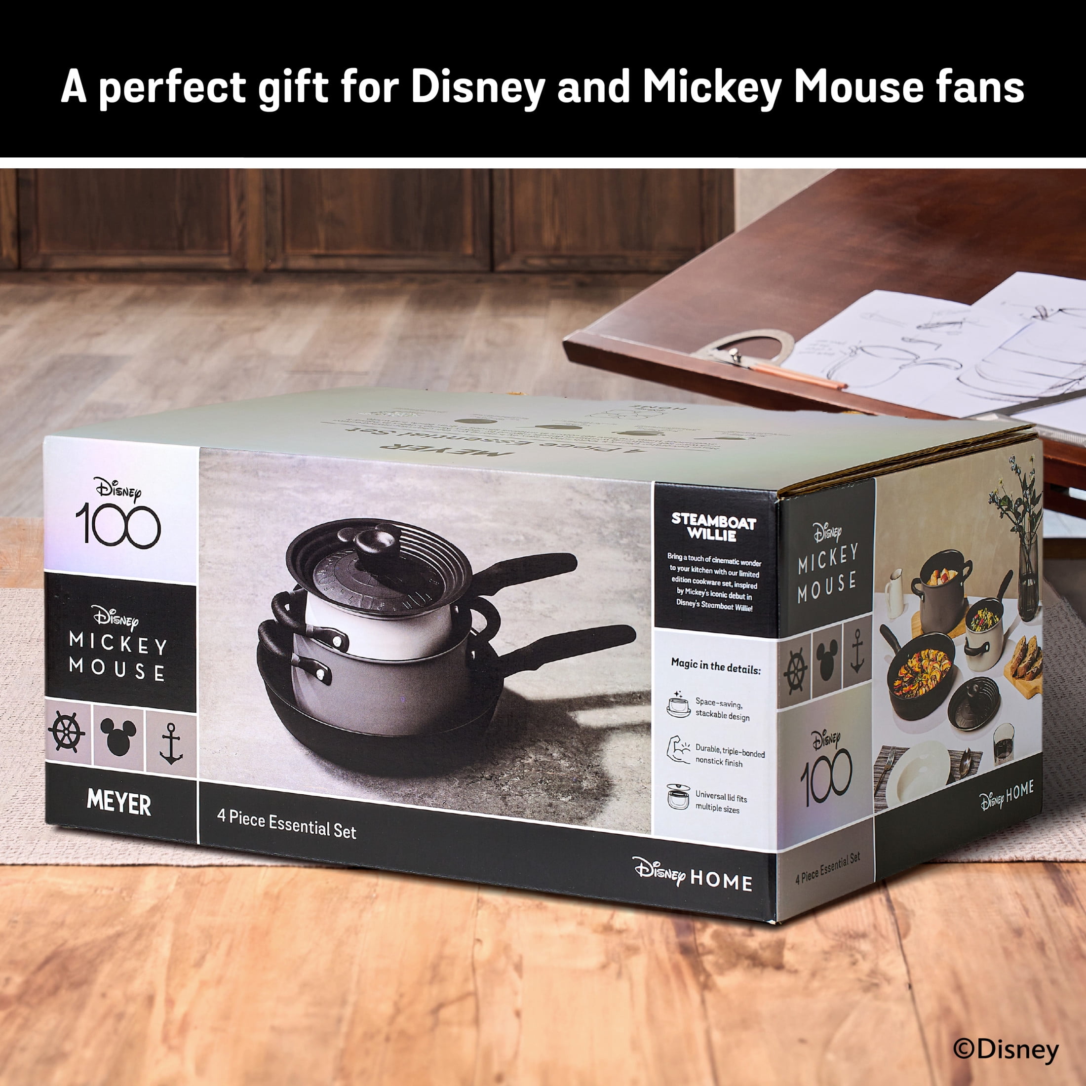 Disney 100 Nonstick Induction 4 Piece Pots and Pans Set, Steamboat Willie Edition