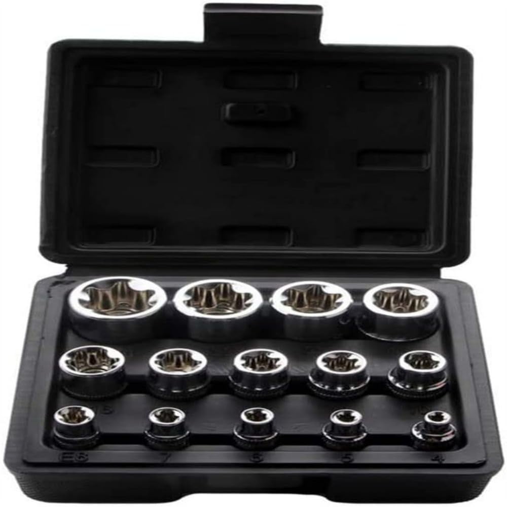 14-Piece E-TORX Socket Set 1/4" 3/8" 1/2'' Drive E-4 - E24 Female External Torque Star Socket Kit With Storage Case