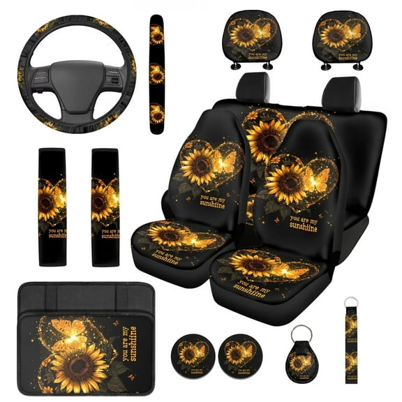 Yuyamidu Yellow Butterfly Car Front Rear Seat Covers Full Set of 14 Sunflower Armrest Pad Headrest Covers Steering Wheel Cover Seat Belt Pads Coasters Keychain Auto Decorative Accessories