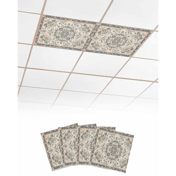 Fluorescent Light Covers for Ceiling Lights 4 Pack, Boho Blue Orange Magnetic Ceiling Light Covers 2x4ft for Classroom Office, Southwestern Ethnic Vintage Mexican Flowers Drop Ceiling Light Shade