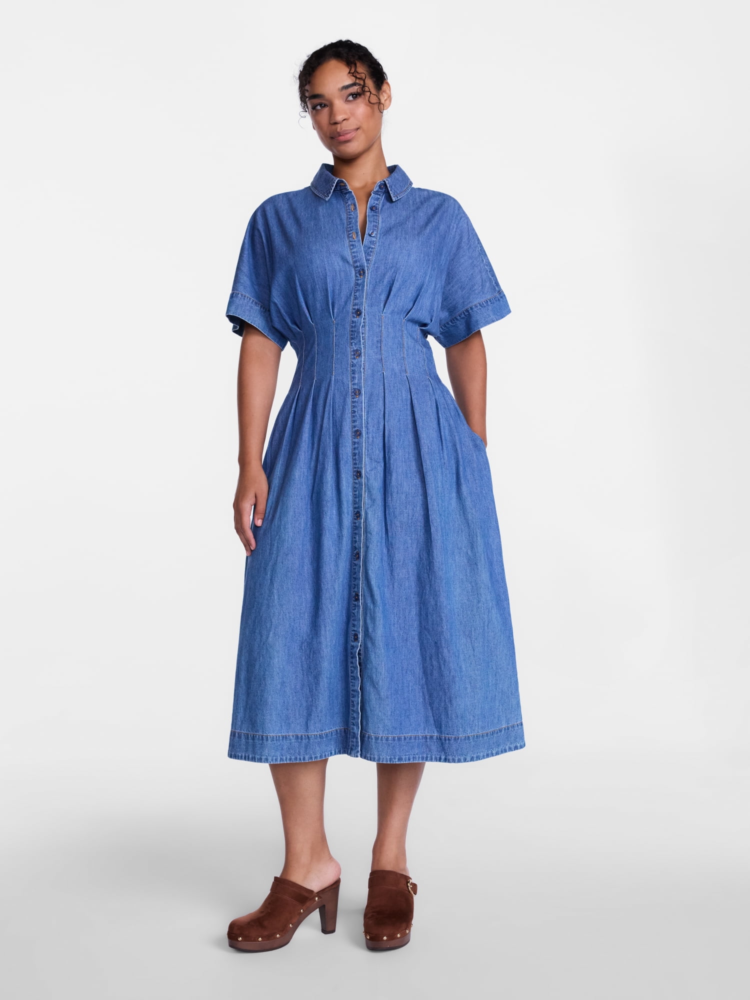 Scenario Women's and Women's Plus Pleated Waist Midi Shirtdress with Short Sleeves, Sizes XS-4X
