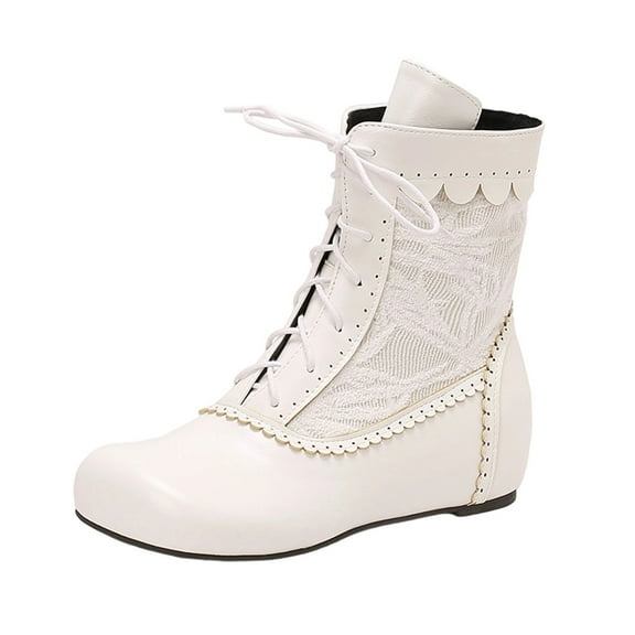 Miluxas Women's Leather Lace-up Round Toe Flat Ankle Boots Fashion Retro Non-Slip Flats Fall/Winter Keep Warm Combat Boots White 6(37)