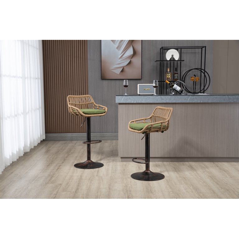 CIMOTA Set Of 2 Swivel Bar Stools - Adjustable Height 25-33", Beige Terrycloth Upholstery, With Backrest & Footrest