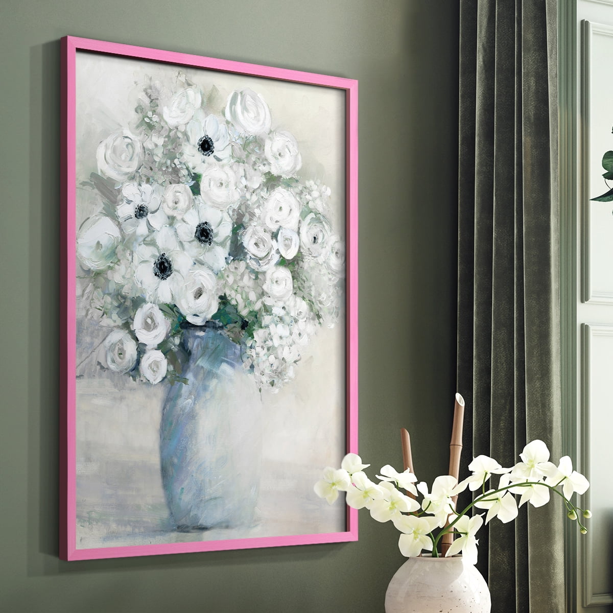 White Anemone Bouquet Framed Print in Pink Solid Wood 11 x 14 Framed Print