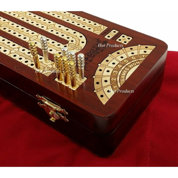 12 1/2" 2 TRACK CONTINUOUS Cribbage Board BLOODWOOD Corner Games Won Storage Box