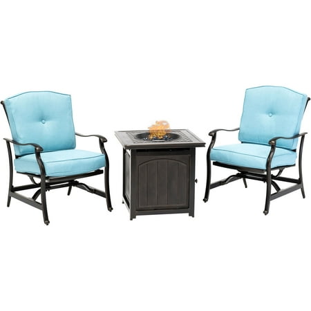 Fire Pit Table And Chairs Hanover Traditions 3-Piece Fire Pit Chat Set in Blue with 2 Cushioned Rockers and a 26-In. Square Fire Pit Side Table ()