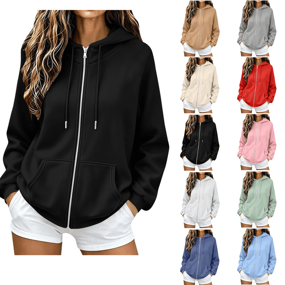 Hatant Hoodie Nelozsy Women's Long Sleeved Solid Color Hooded Zipper Pocket Top Jacket Outwear Black M
