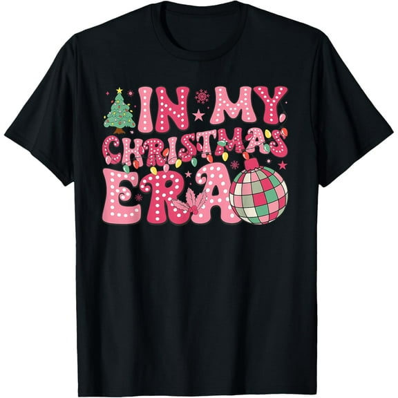 Groovy Pink In My Christmas Era Merry And Bright Women T-Shirt Shirts