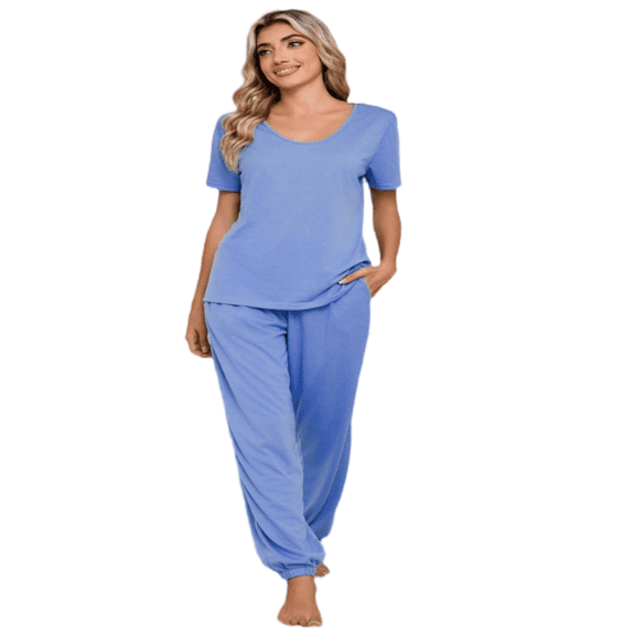 LYMAYTER Casual Pajamas Sets for Women's Soft Cotton Short Sleeve Top Long Pants 2 Piece S-5XL