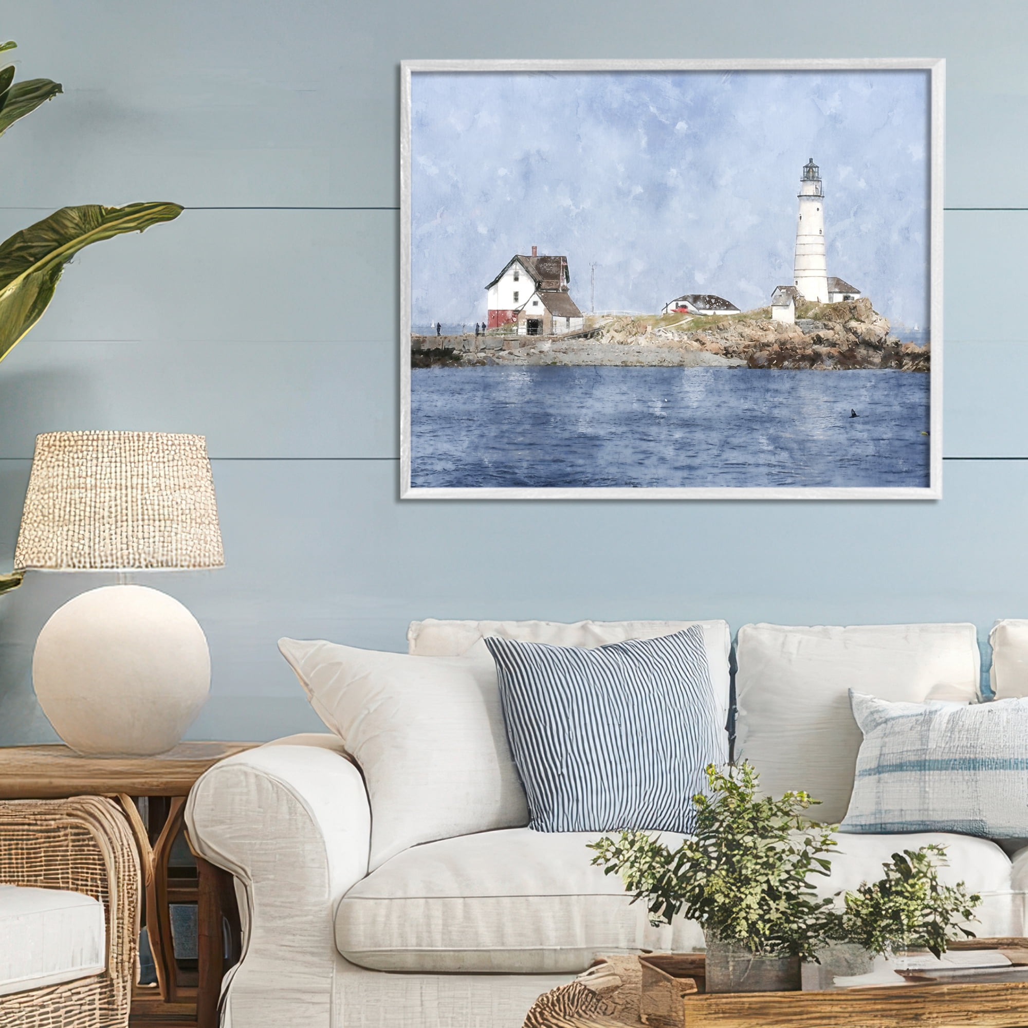 Stupell Industries Picturesque Lighthouse Island White Framed Giclee Art, design by Kim Curinga