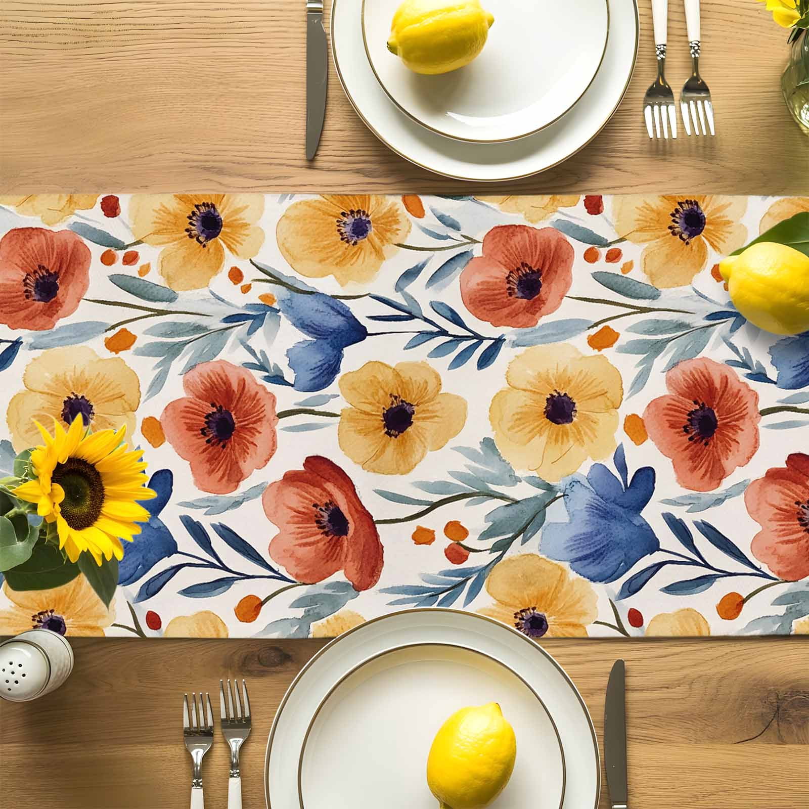 Red Poppy Flower Spring Blossom Floral Table Runner 90 Inches Long, Garden Plant Seamless Table Runners Tabletop Scarf Kitchen Dining Tables Decoration for Home Party Indoor Outdoor