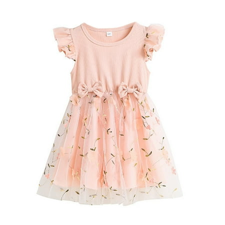 

Toddler Girl Dress Fly Sleeve Floral Print Tulle Ribbed Princess Dress Clothes Party Dresses