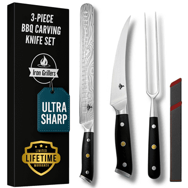 BBQ Carving Knife Set for Meat Cutting - 12" Brisket Knife   6" Boning Knife   6" Carving Fork   Sheath Covers - Razor Sharp German Steel - Full Tang & Ergonomic Handle
