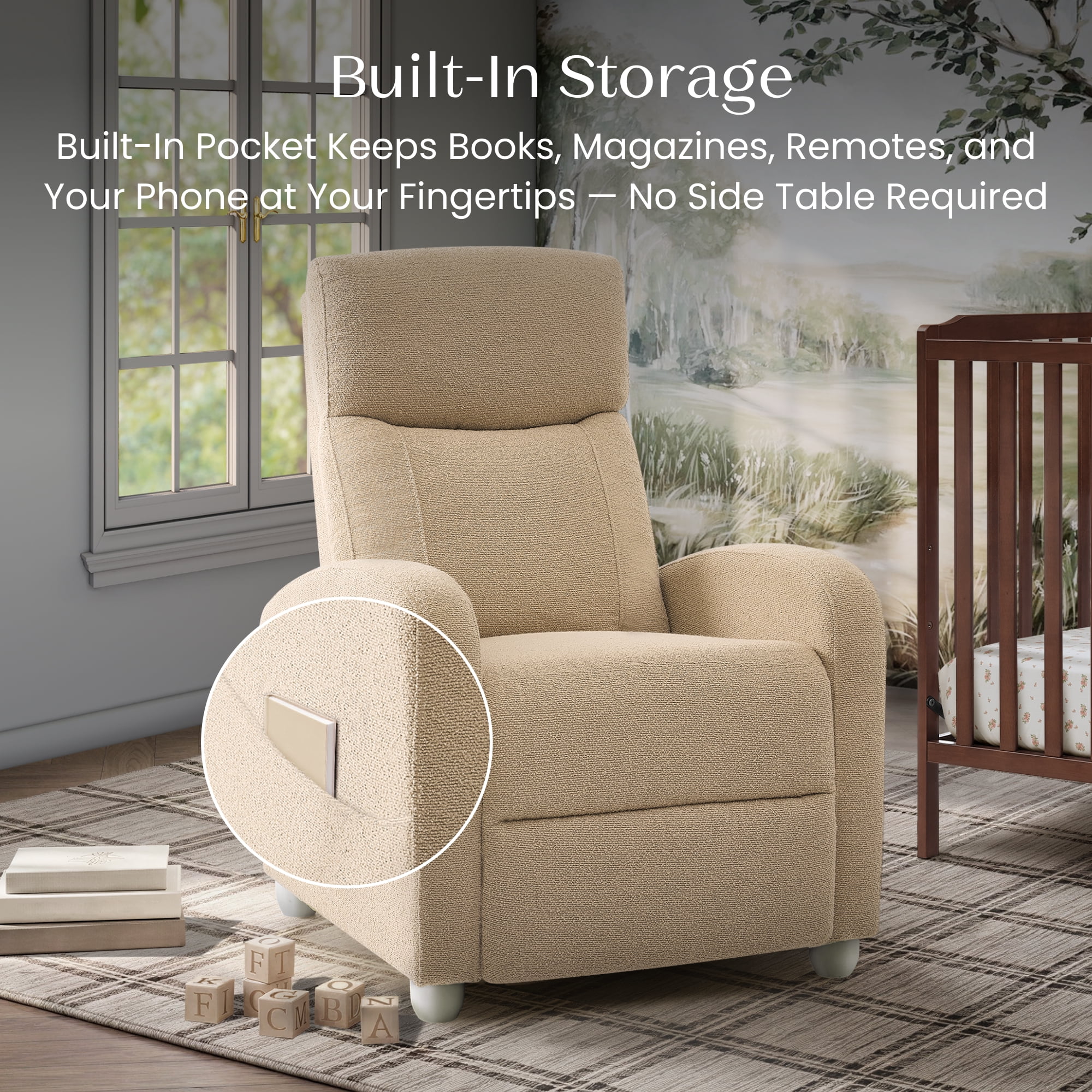 Delta Children Riley Pushback Stationary Recliner, Boucle Textured Fabric with Pocketed Coil Cushion and Side Storage Pocket, Wheat