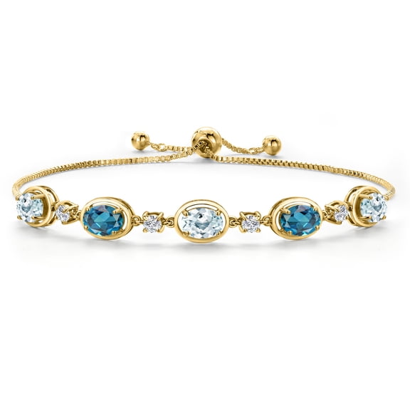 18K Yellow Gold Plated Silver Sky Blue Aquamarine and London Blue Topaz, Lab Grown Diamond Bracelet for Women | 4.65 Cttw | Gemstone March Birthstone | Oval 7X5MM | Fully Adjustable 9 inch