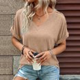 thumbnail image 2 of Camiseta Vhermosa de manga corta para mujer Casual Color liso cuello en V Caqui S, 2 of 6