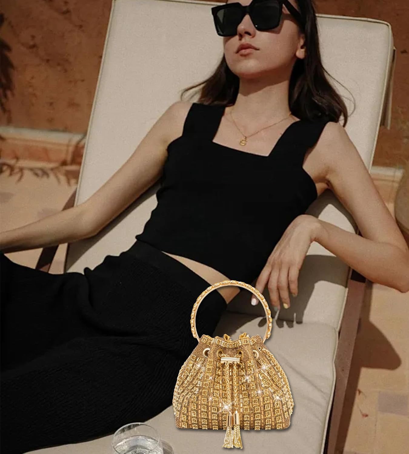 Kwuty Sparkly Diamond Evening Bag Clutch Purses for Women Rhinestone Purse Glitter Handbag for Party Prom Cocktail Wedding（Gold）