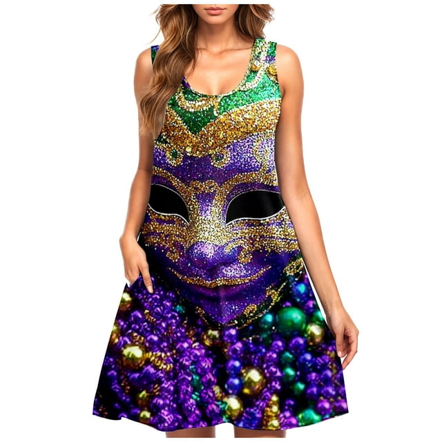 Robe Mardi Gras pour Femmes, Robe de Fête Tendance d'Été 2025 à Thème Carnaval, Robe Midi Sans Manches à Col en V