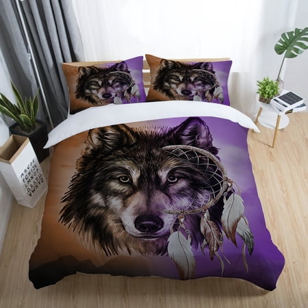 Comforter Cover Set 3D Wolf and Dream Catcher Printed Bedding Cover with Pillowcase King (90 x104 )