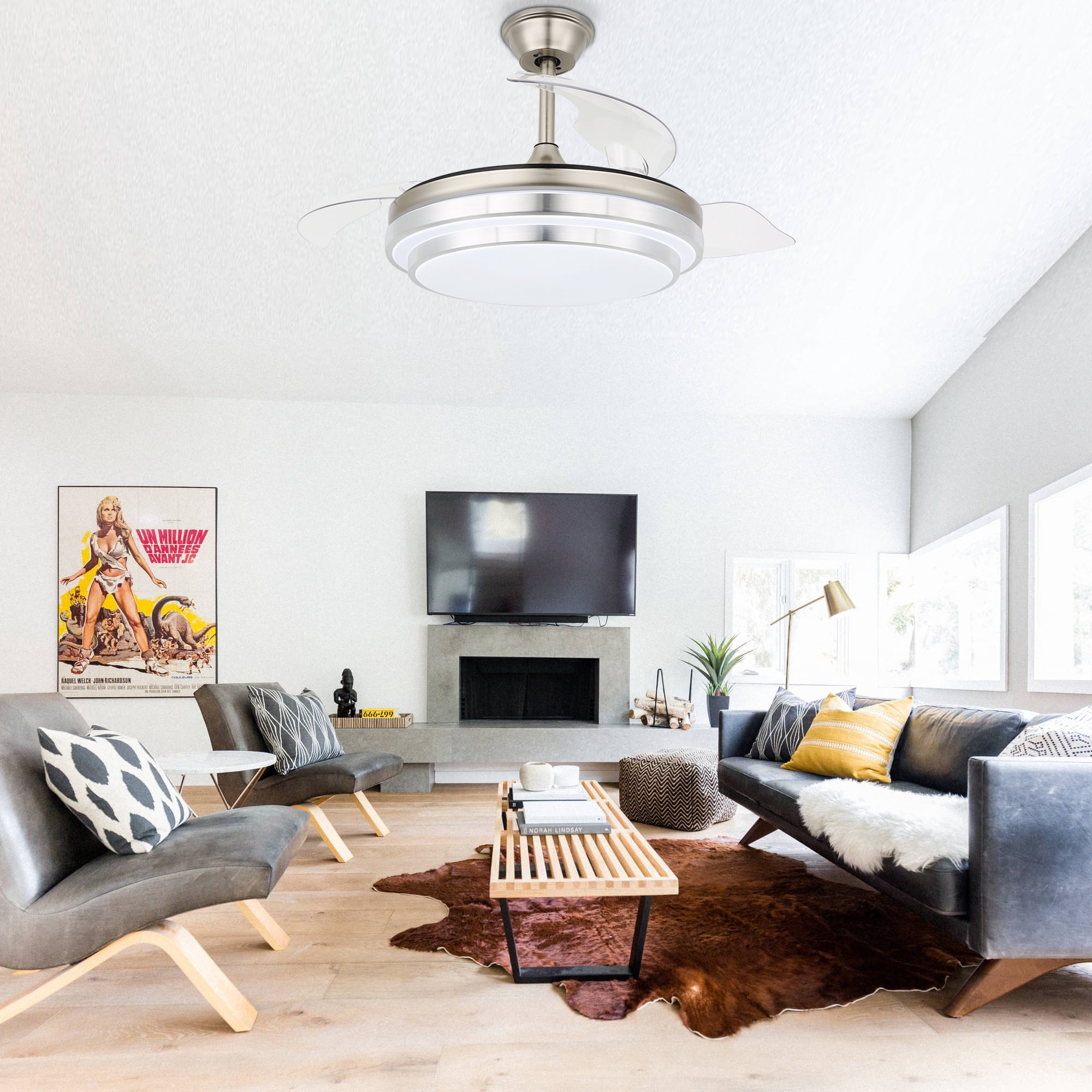36" Retractable Ceiling Fan With Remote Control and Light Kit, Silver Modern Reversible Ceiling Fan