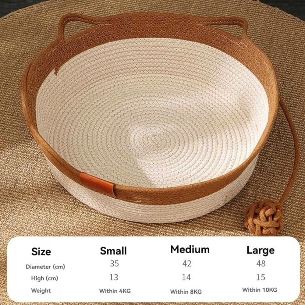Handwoven Cat Basket,Foldable Scratchable Cat Bed Rope Cotton,Breathable Durable Natural Rattan Woven Pet Sleeping House with Teasing Ball & Cushion for Small & Large Cat & Dog