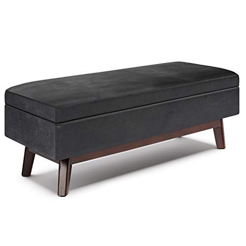 SIMPLIHOME Owen 48 inch Wide Rectangular Coffee Table Lift Top Storage Ottoman, Cocktail Footrest Stool in Upholstered Distressed Black Faux Air Leather for the Living Room, Mid Century Modern