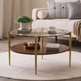 thumbnail image 3 of Rectangle Coffee Table Mid-Century Modern Design L W x H for Living Room - Structure Amber Glass Top and Walnut MDF Shelf Sleek Conical Metal Legs with Gold Finish, 3 of 9