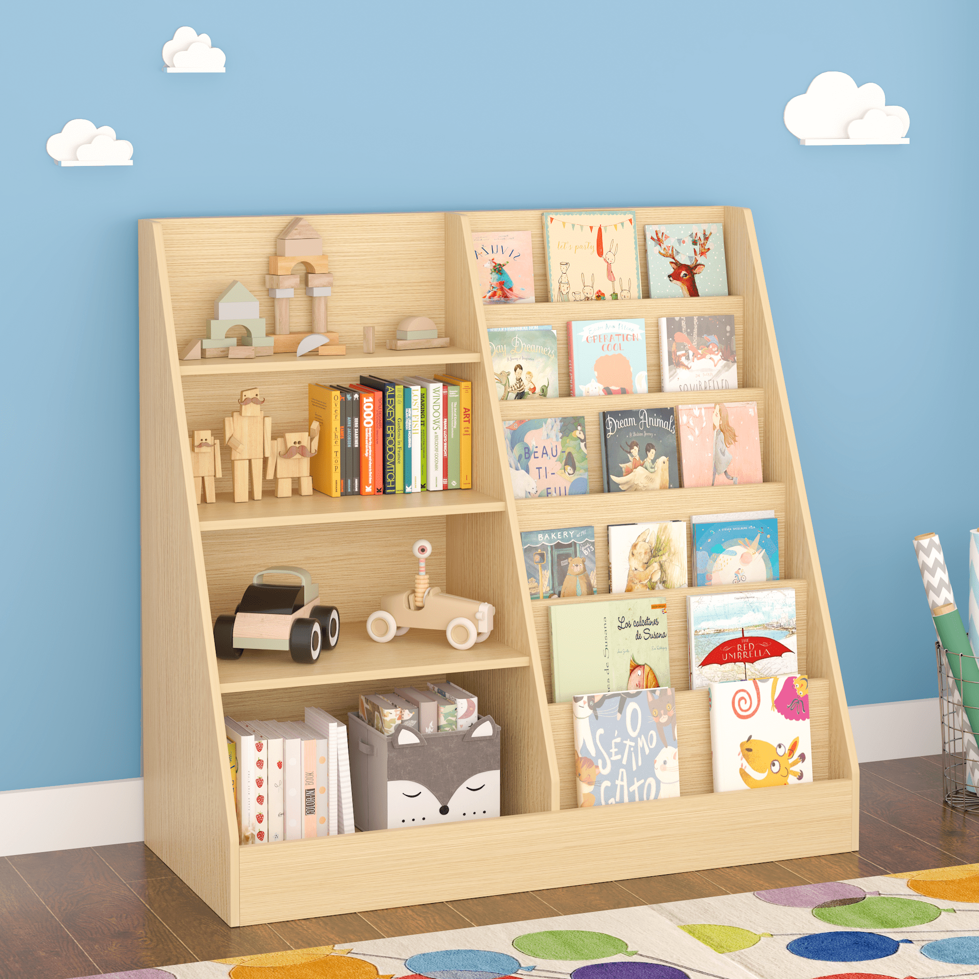 Kids Furniture Kids Bookshelf and Toy Storage Organizer, Multifunctional 4 Tier Wooden Kids Book Shelf with Bookcase Display Stand in Kids Room Playroom Nursery for Kids, Children, Toddlers (Natural)