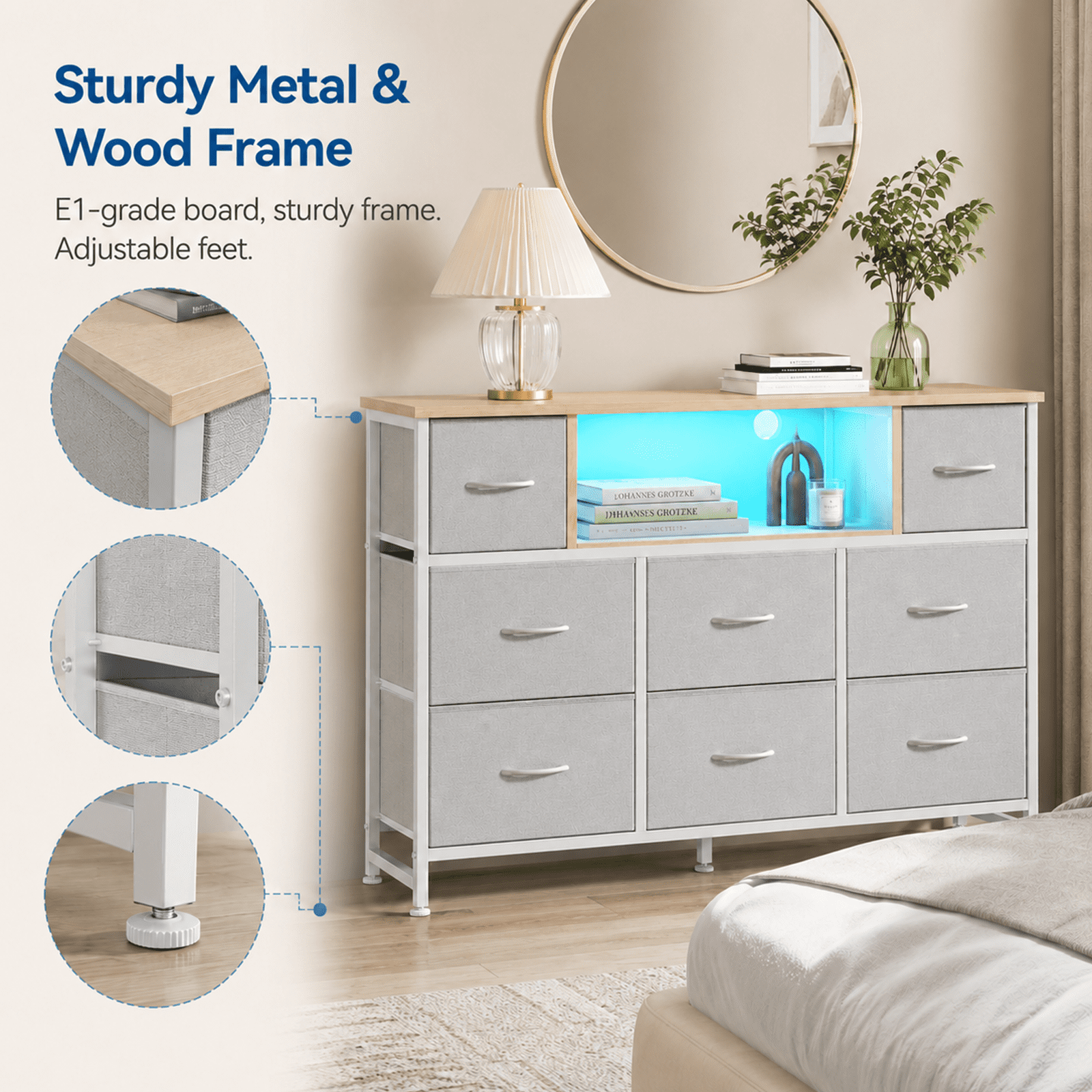 Alvantor Dresser TV Stand for 45, 50, 55 inch TV, Entertainment Center with LED Lights & Charging Station, Chest of Drawers with 8 Fabric Drawers and Open Shelves for Living Room, Hallway, Wood Top